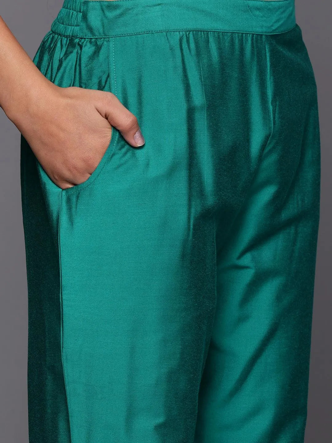 Rama Green Solid Silk Blend Straight Kurta With Trousers & Dupatta - Libas 