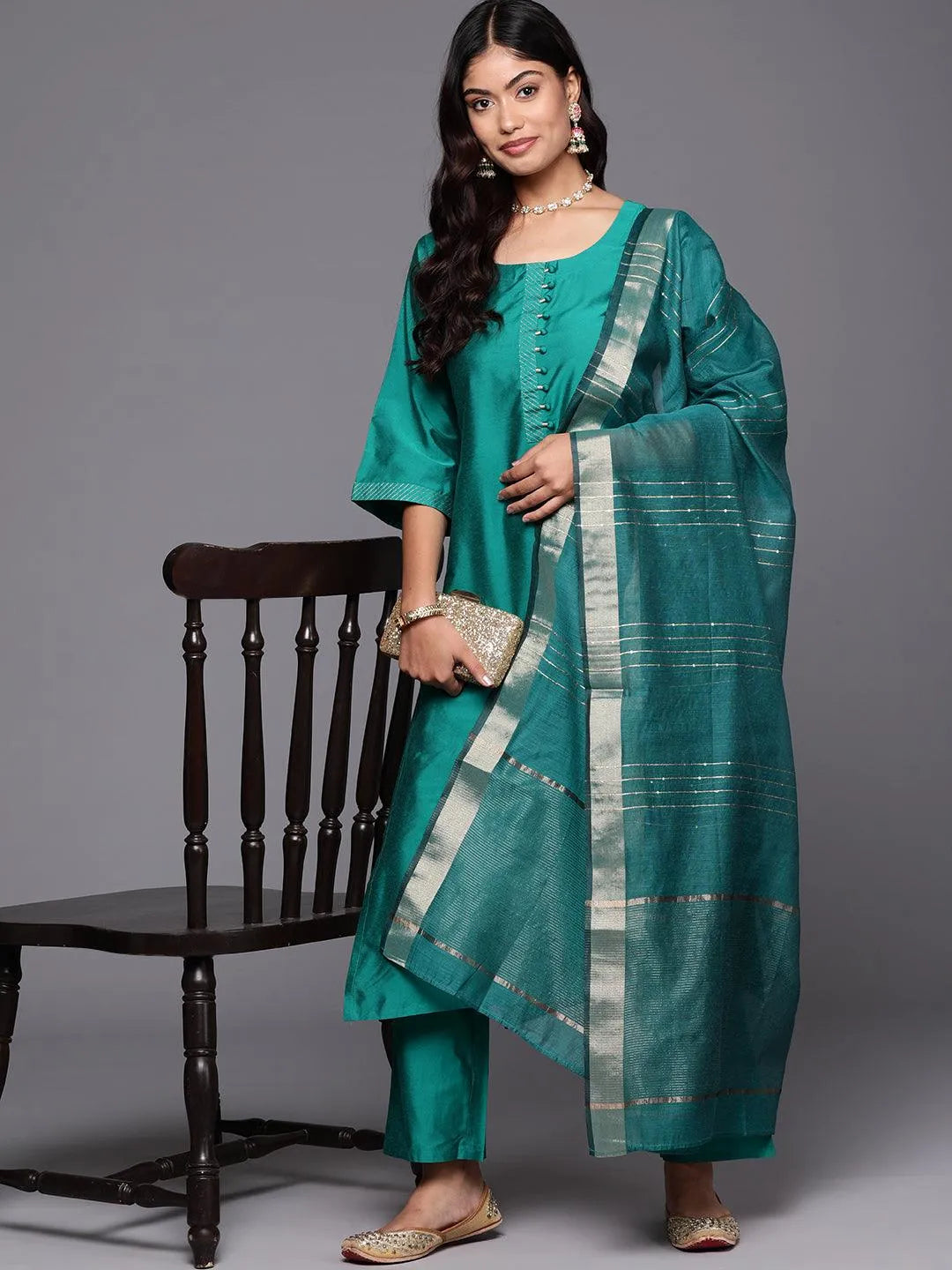 Rama Green Solid Silk Blend Straight Kurta With Trousers & Dupatta - Libas 