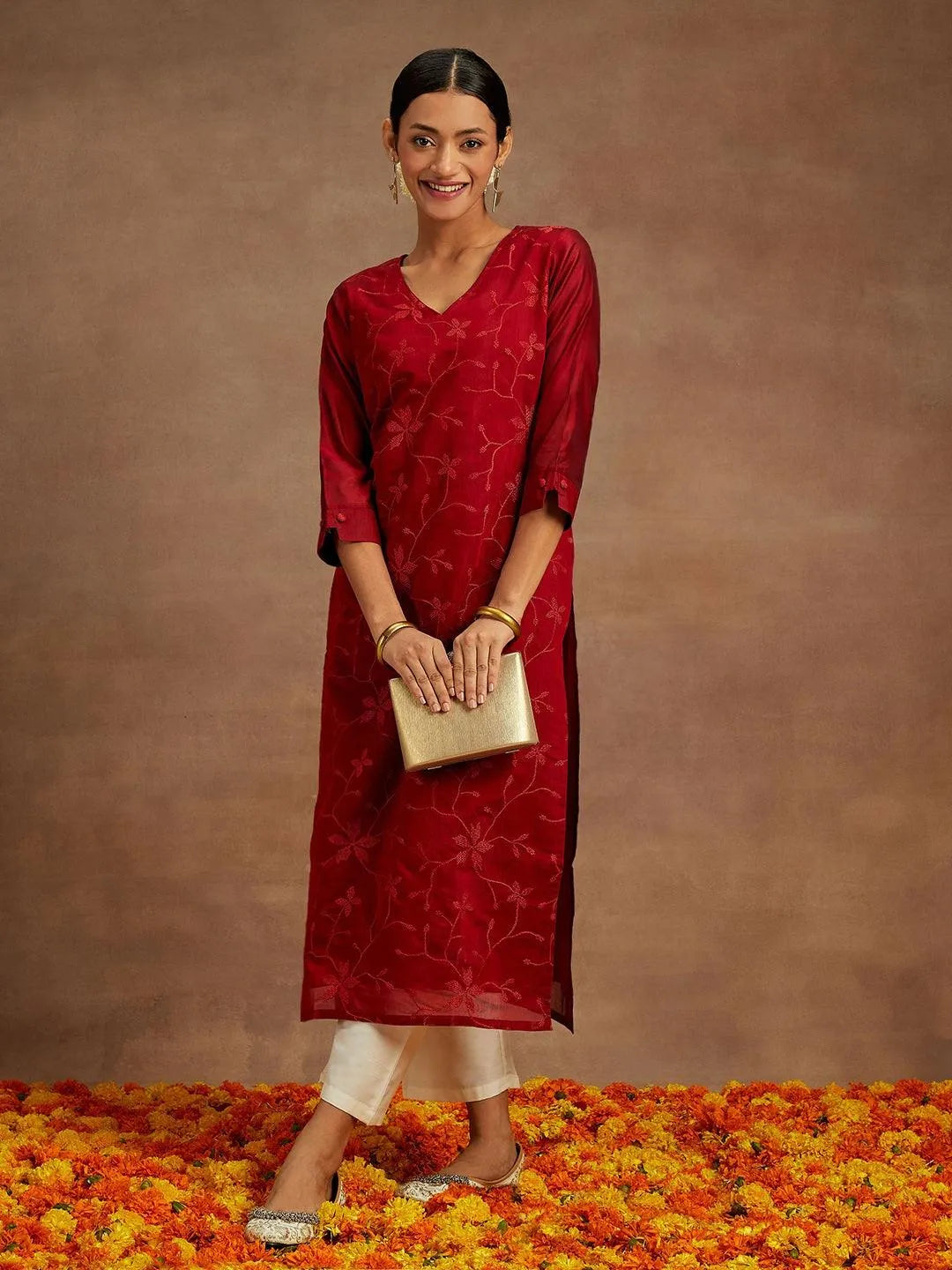 Beige Floral Embroidered Chanderi Silk Straight Kurta