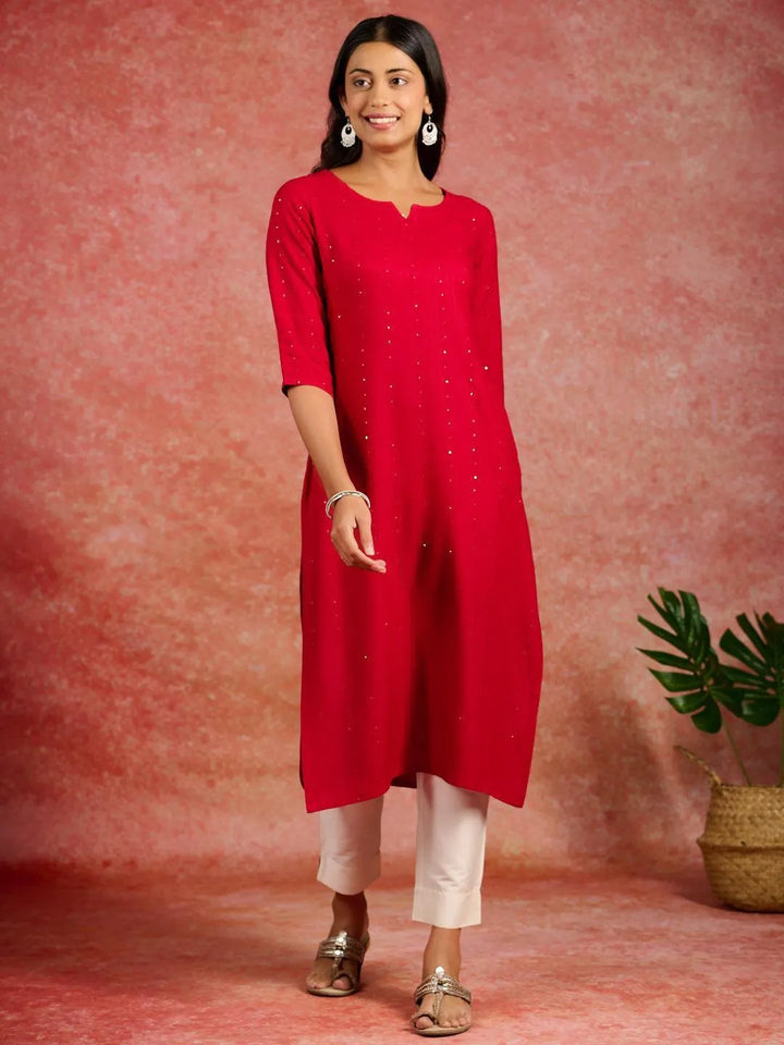 Red Embroidered Rayon Straight Kurta - Libas