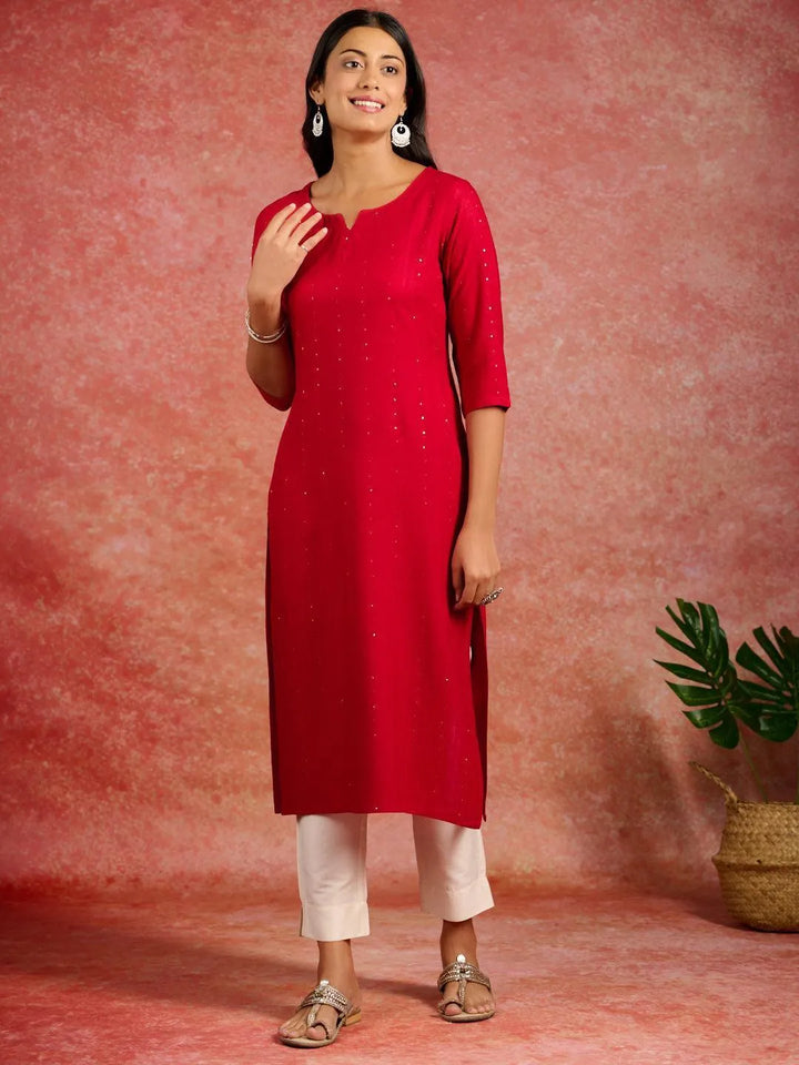 Red Embroidered Rayon Straight Kurta - Libas