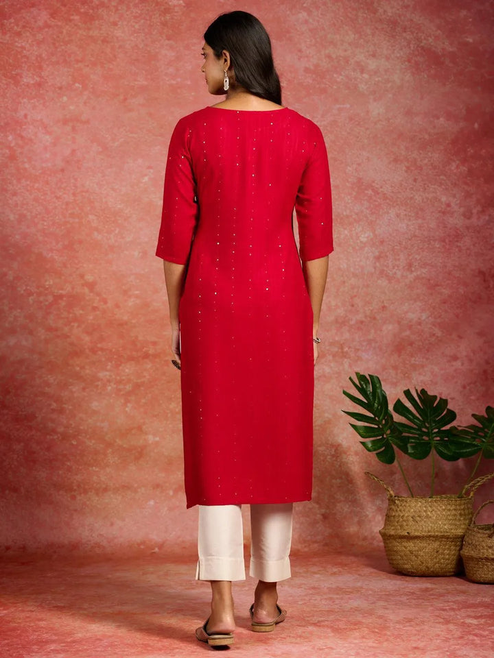 Red Embroidered Rayon Straight Kurta - Libas