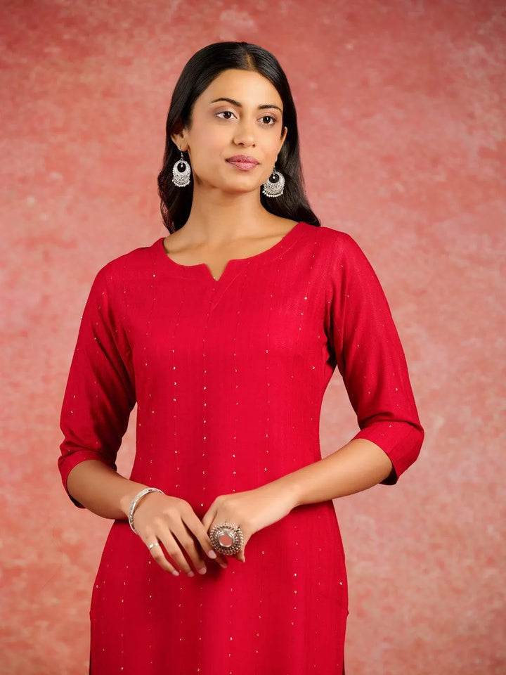Red Embroidered Rayon Straight Kurta - Libas