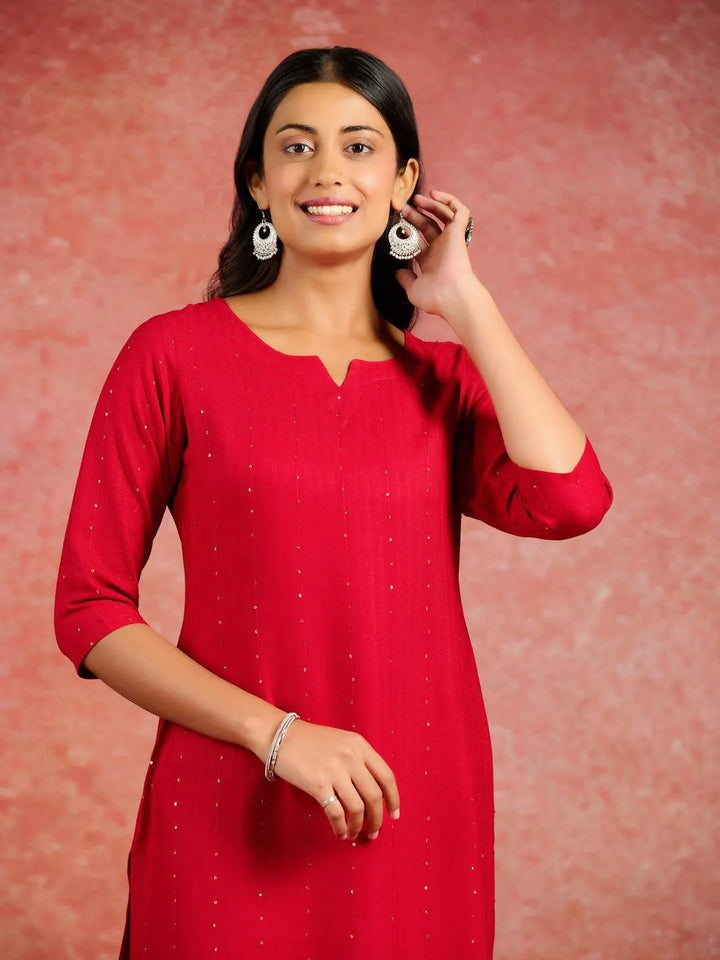 Red Embroidered Rayon Straight Kurta - Libas