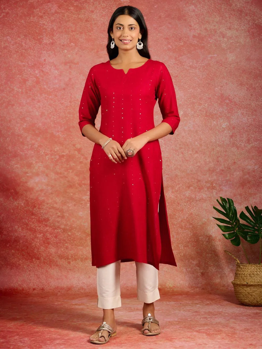 Red Embroidered Rayon Straight Kurta - Libas 