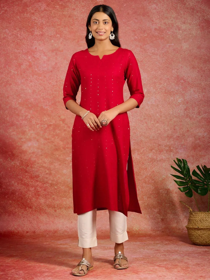 Red Embroidered Rayon Straight Kurta - Libas