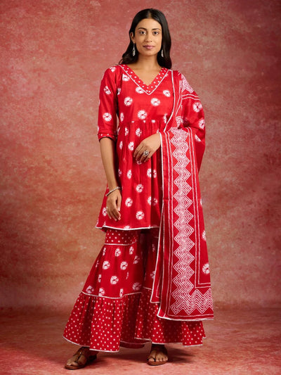 Red Printed Cotton A-Line Kurti With Sharara & Dupatta - Libas