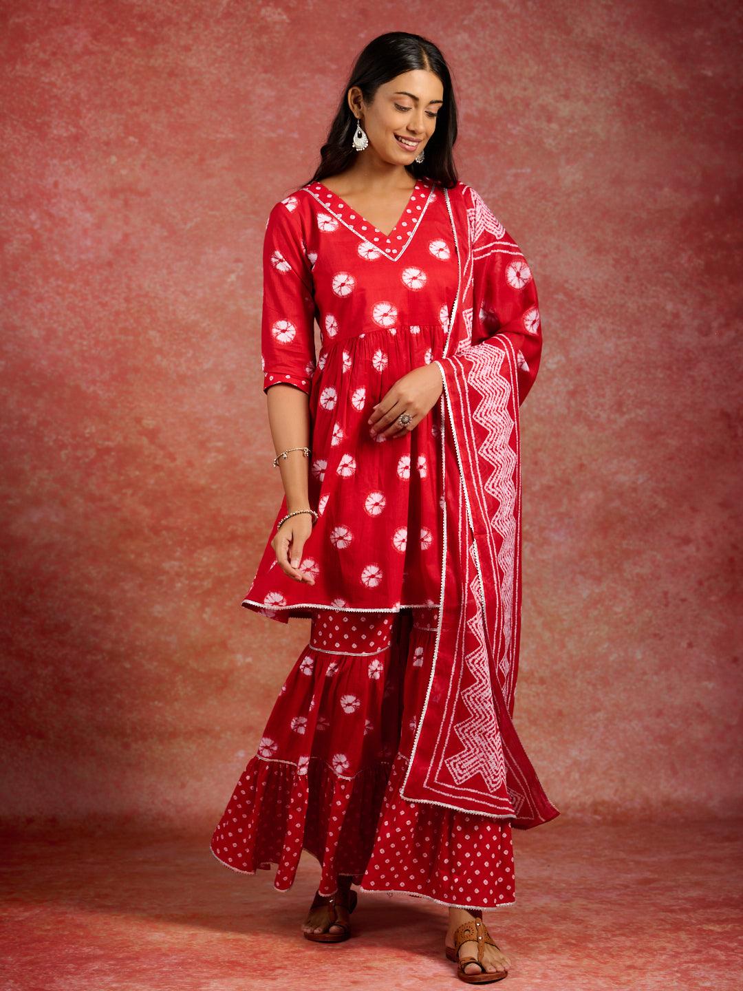 Red Printed Cotton A-Line Kurti With Sharara & Dupatta - Libas