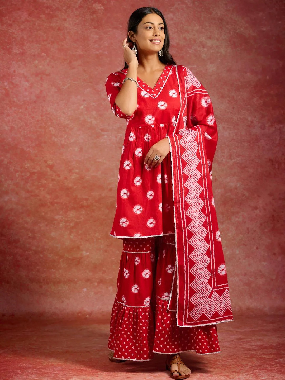 Red Printed Cotton A-Line Kurti With Sharara & Dupatta - Libas