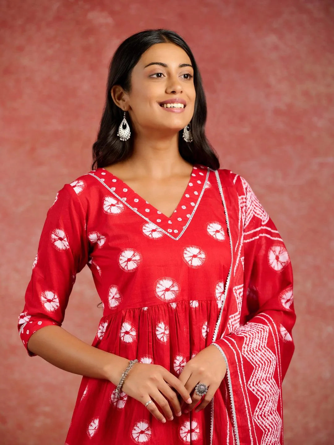 Red Printed Cotton A-Line Kurti With Sharara & Dupatta - Libas