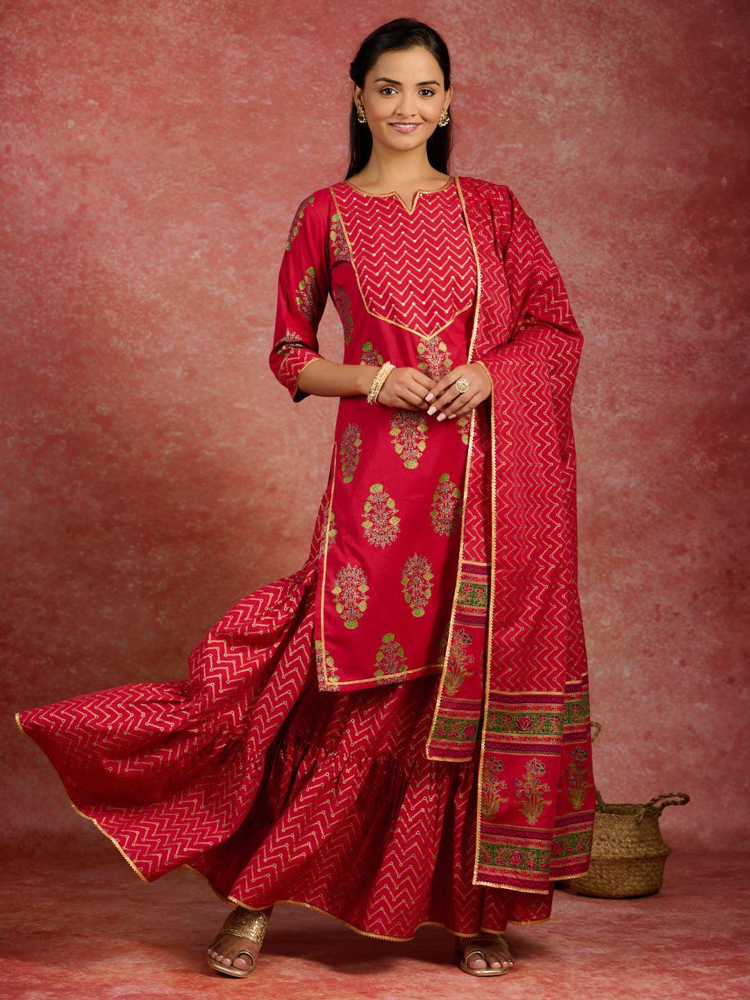 Red Printed Cotton Straight Suit With Dupatta