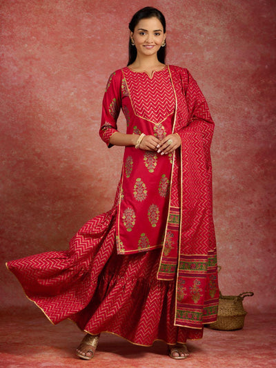 Red Printed Cotton Straight Kurta With Skirt & Dupatta - Libas