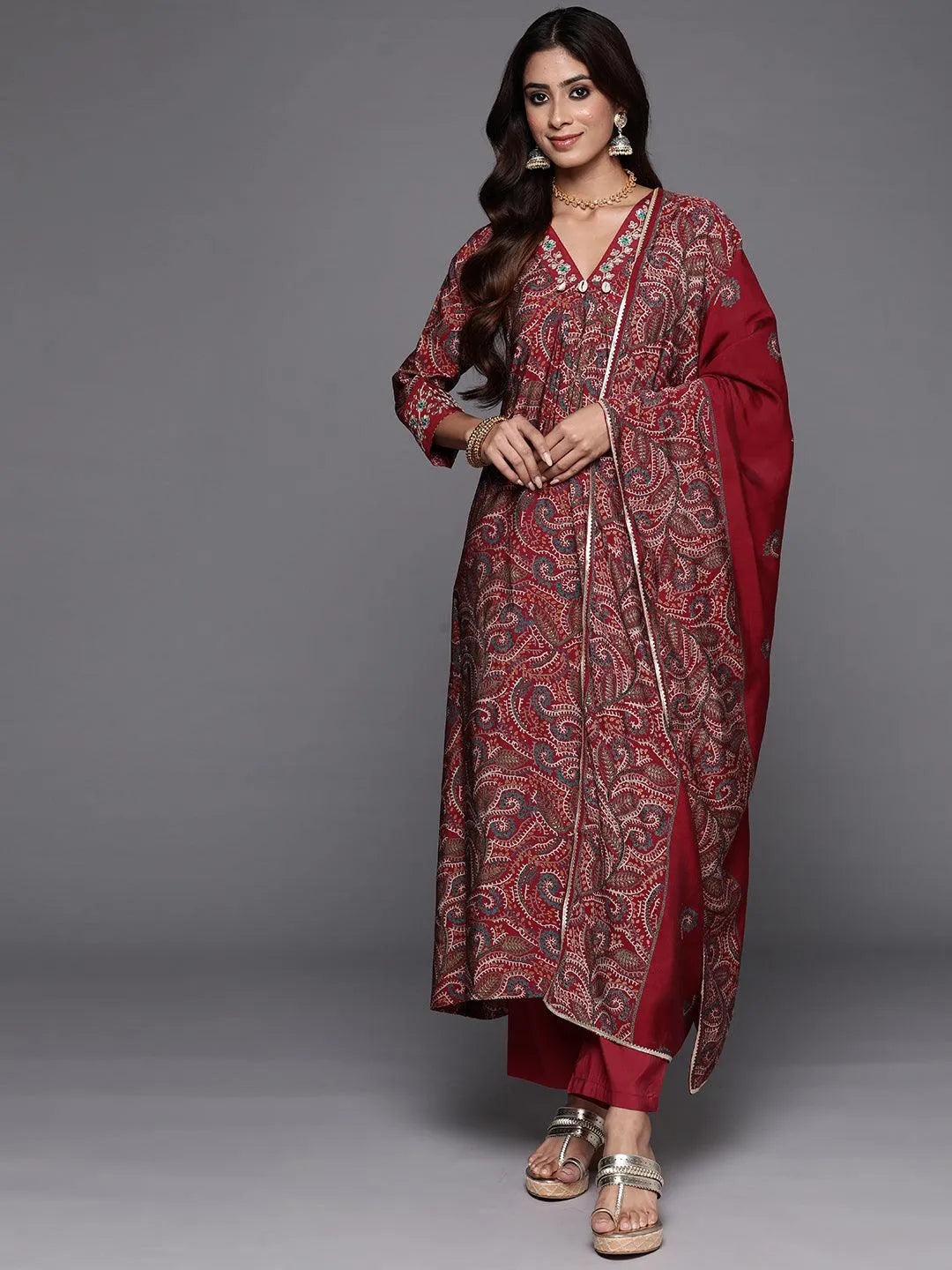 Red Printed Silk Blend A-Line Kurta With Trousers & Dupatta - Libas 