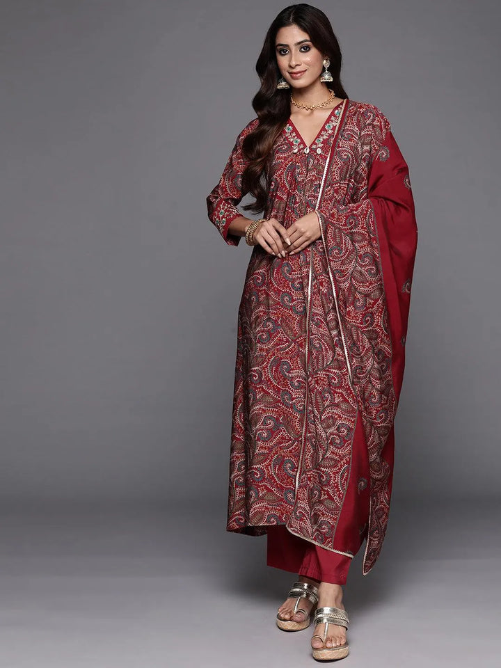 Red Printed Silk Blend A-Line Kurta With Trousers & Dupatta - Libas