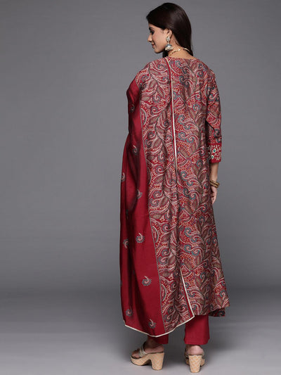 Red Printed Silk Blend A-Line Kurta With Trousers & Dupatta - Libas