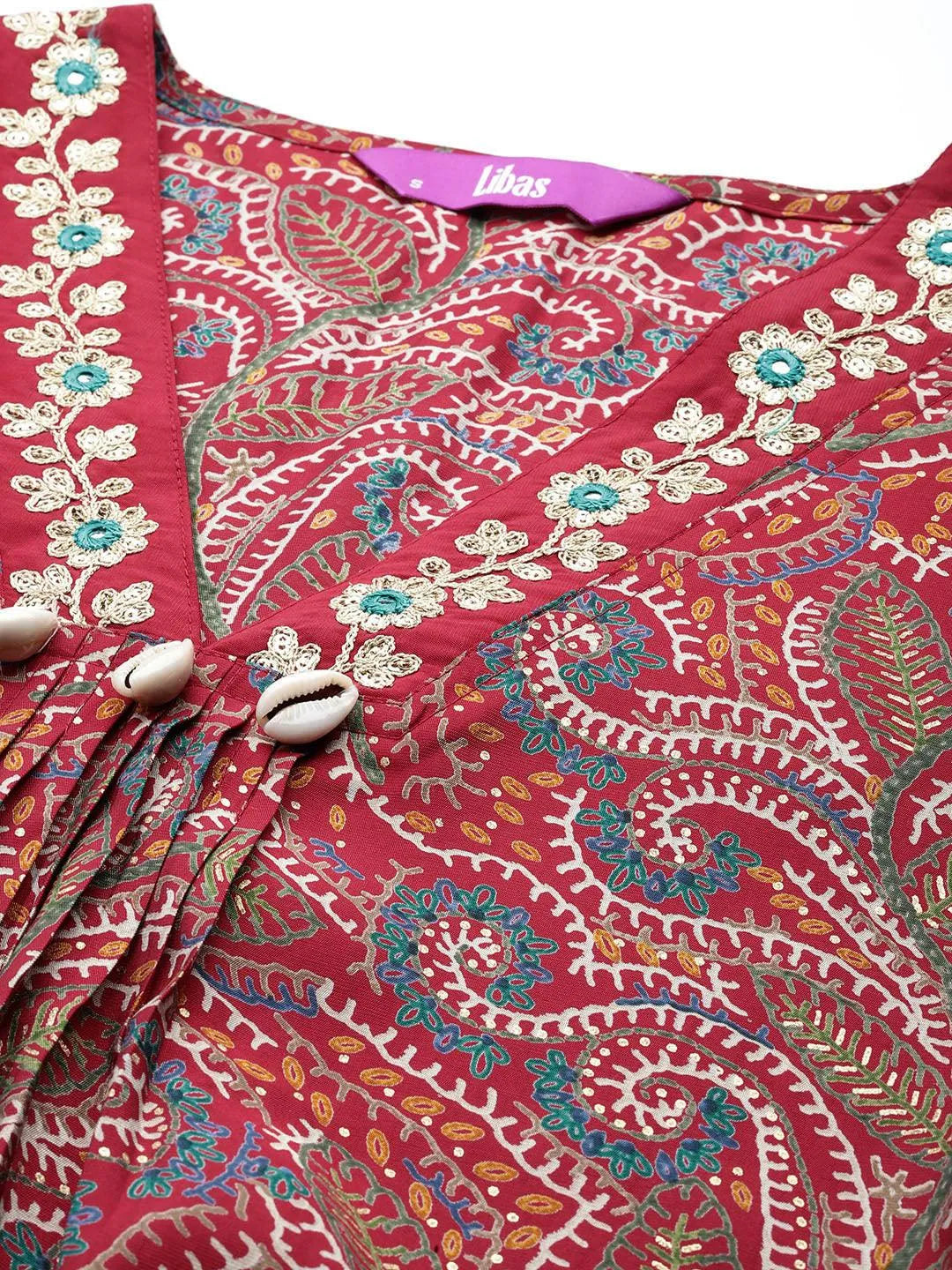 Red Printed Silk Blend A-Line Kurta With Trousers & Dupatta - Libas 