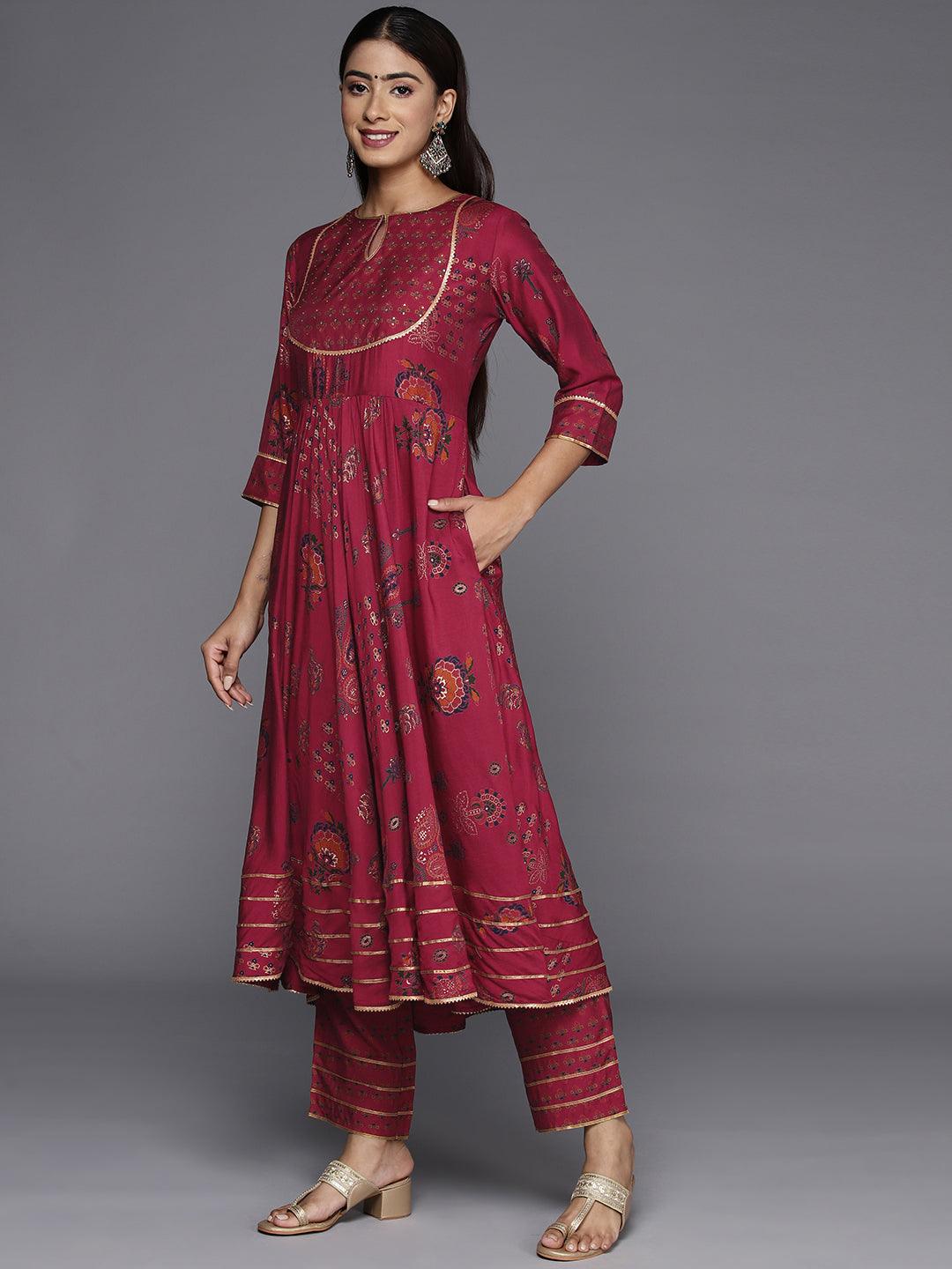 Red Printed Silk Blend Anarkali Suit With Dupatta