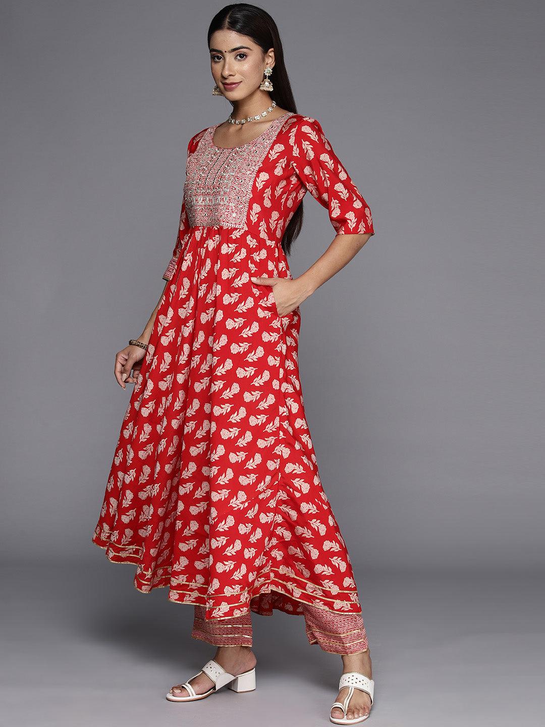 Red Printed Silk Blend Anarkali Suit With Dupatta