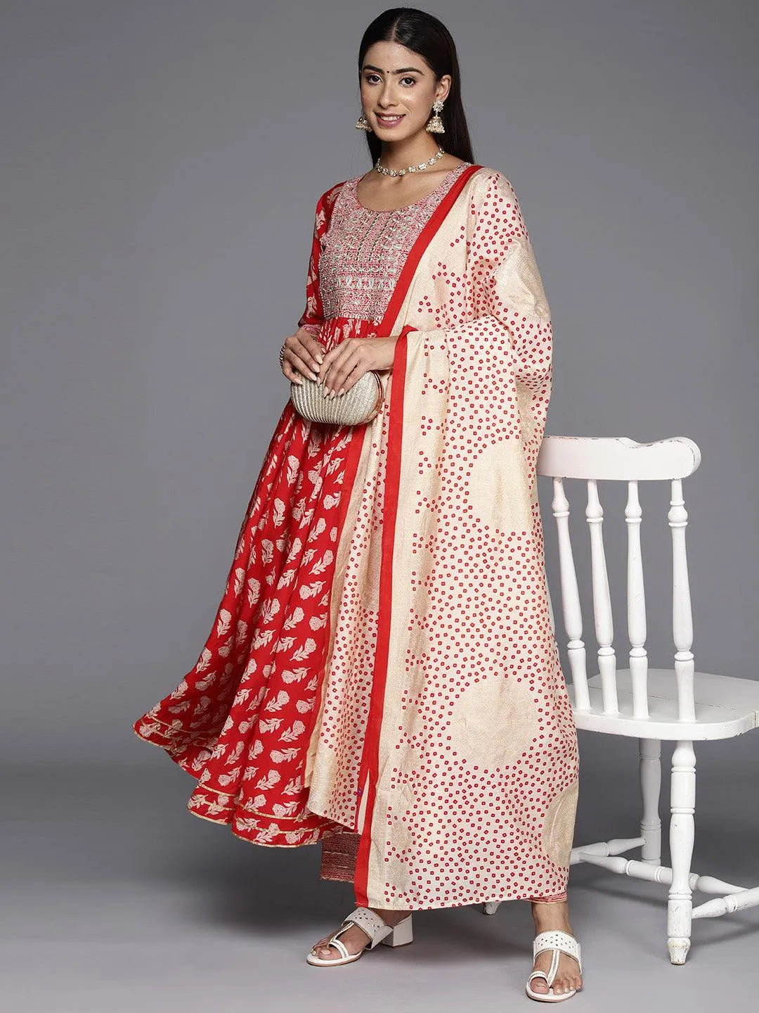 Red Printed Silk Blend Anarkali Kurta With Trousers & Dupatta - Libas 