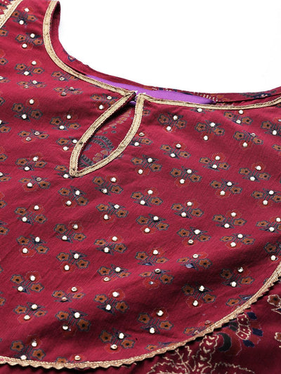 Red Printed Silk Blend Anarkali Kurta With Trousers & Dupatta - Libas
