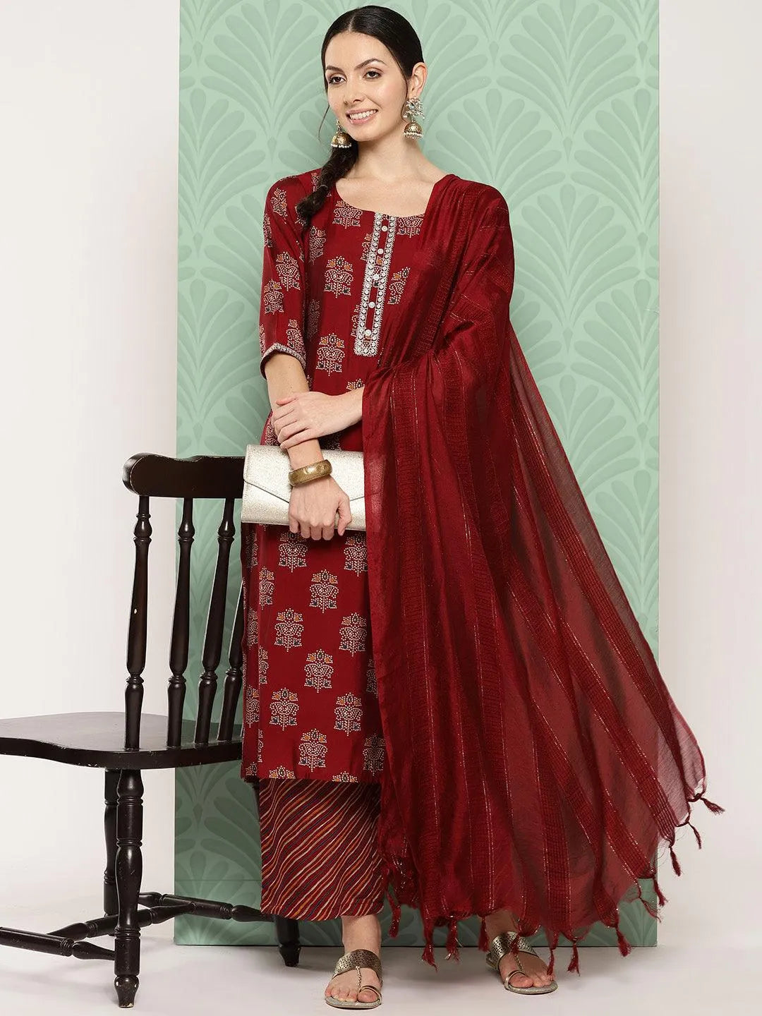 Red Printed Silk Blend Straight Kurta With Palazzos & Dupatta - Libas 