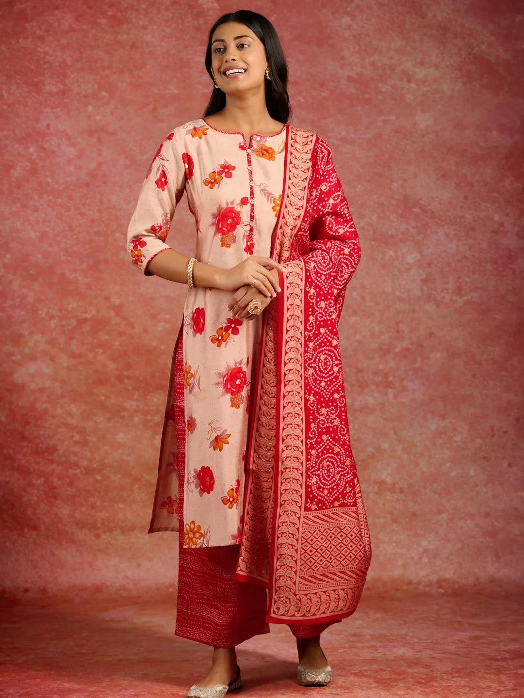 Red Printed Silk Blend Straight Kurta With Palazzos & Dupatta - Libas 