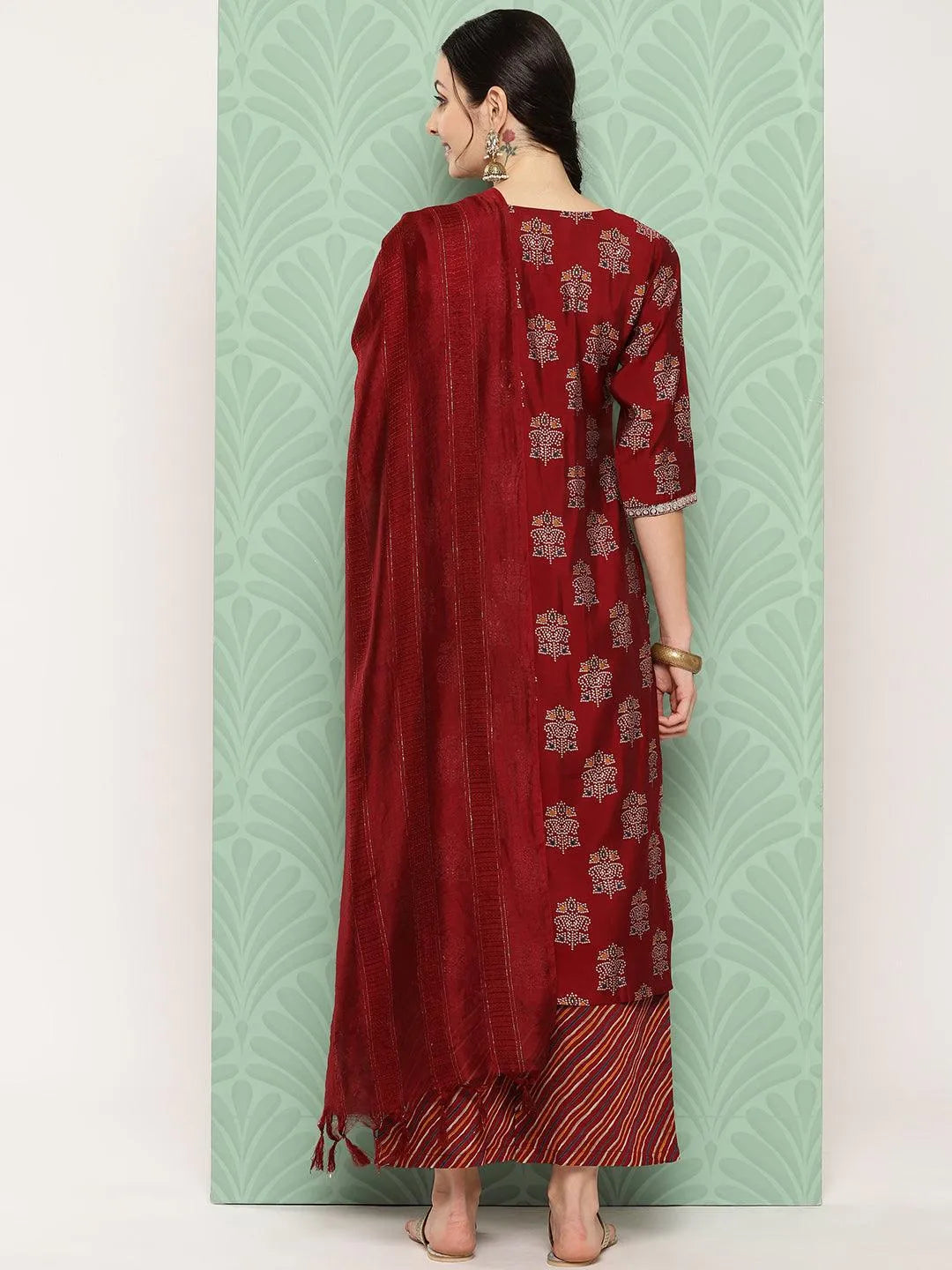 Red Printed Silk Blend Straight Kurta With Palazzos & Dupatta - Libas 
