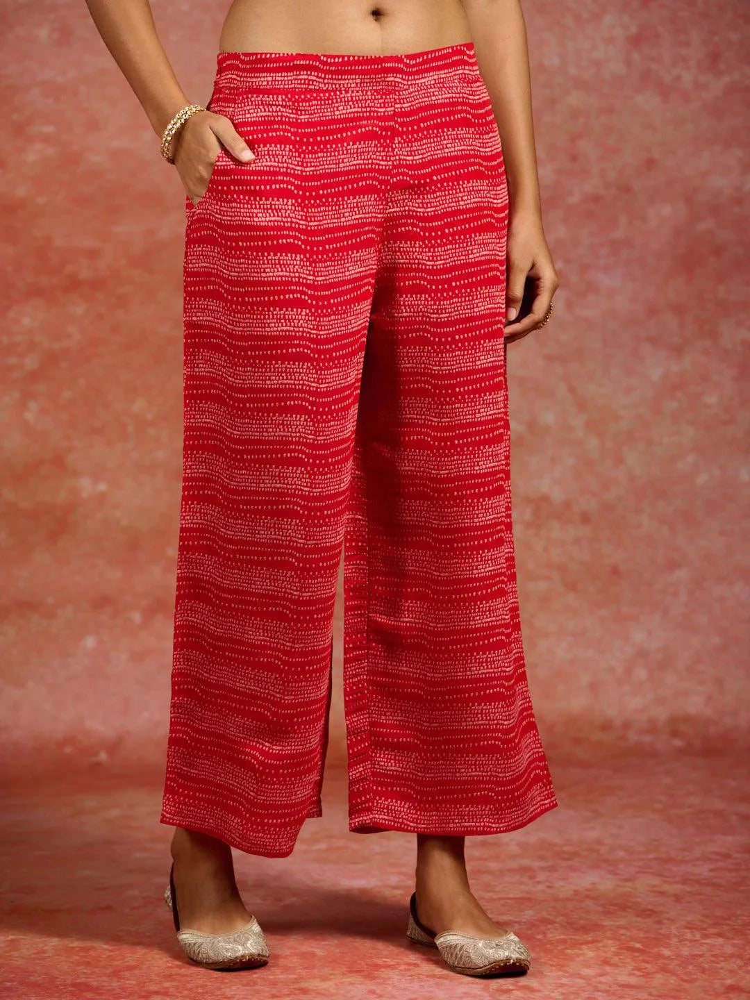 Red Printed Silk Blend Straight Kurta With Palazzos & Dupatta - Libas 