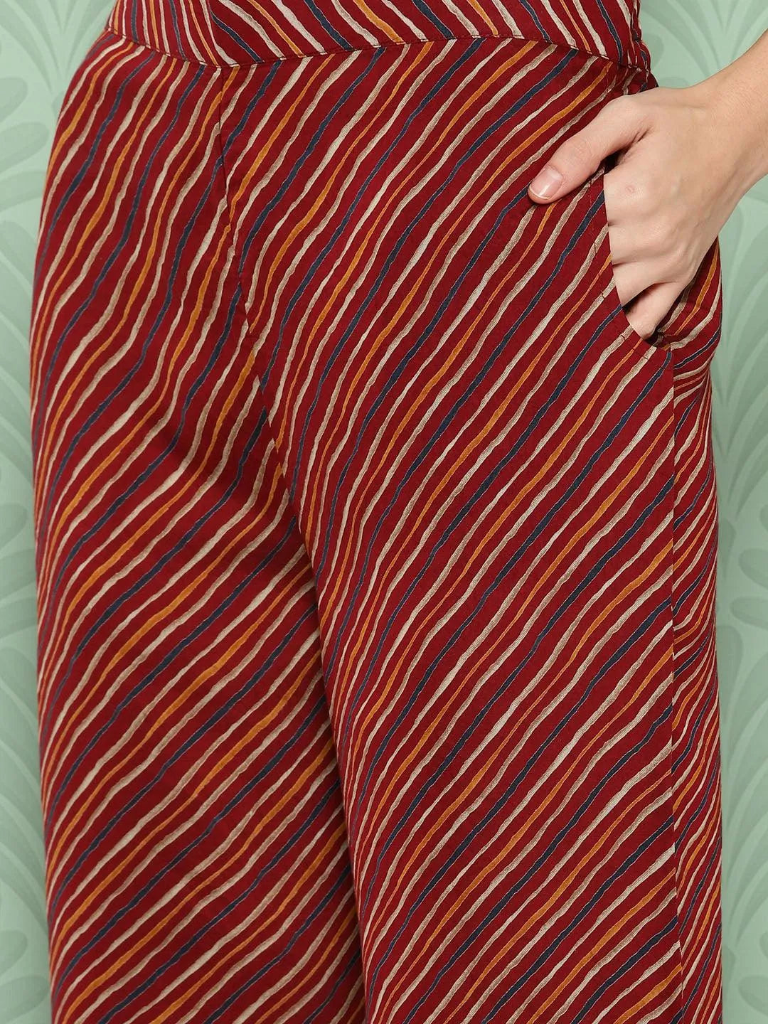 Red Printed Silk Blend Straight Kurta With Palazzos & Dupatta - Libas 