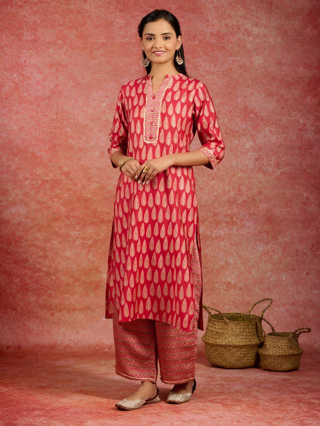 Red Printed Silk Blend Straight Kurta Set