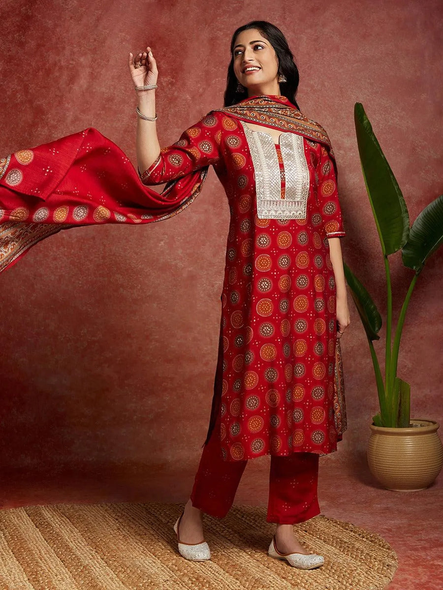 Red Printed Silk Blend Straight Kurta Set