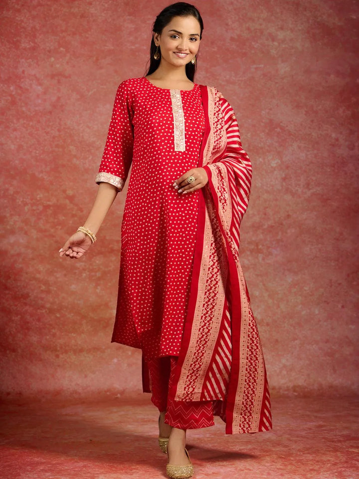 Red Printed Silk Blend Straight Kurta With Trousers & Dupatta - Libas