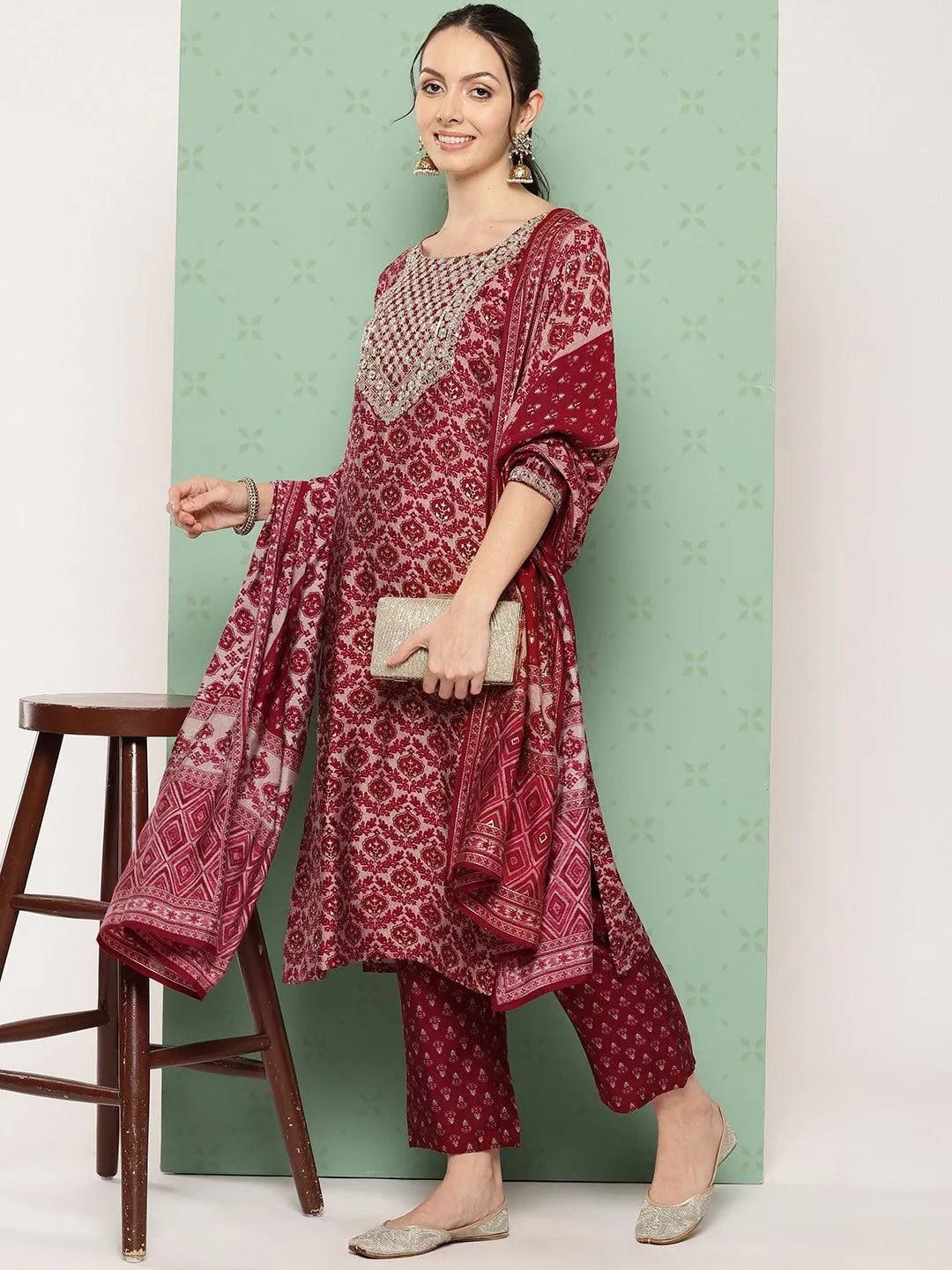 Red Printed Silk Blend Straight Kurta With Trousers & Dupatta - Libas