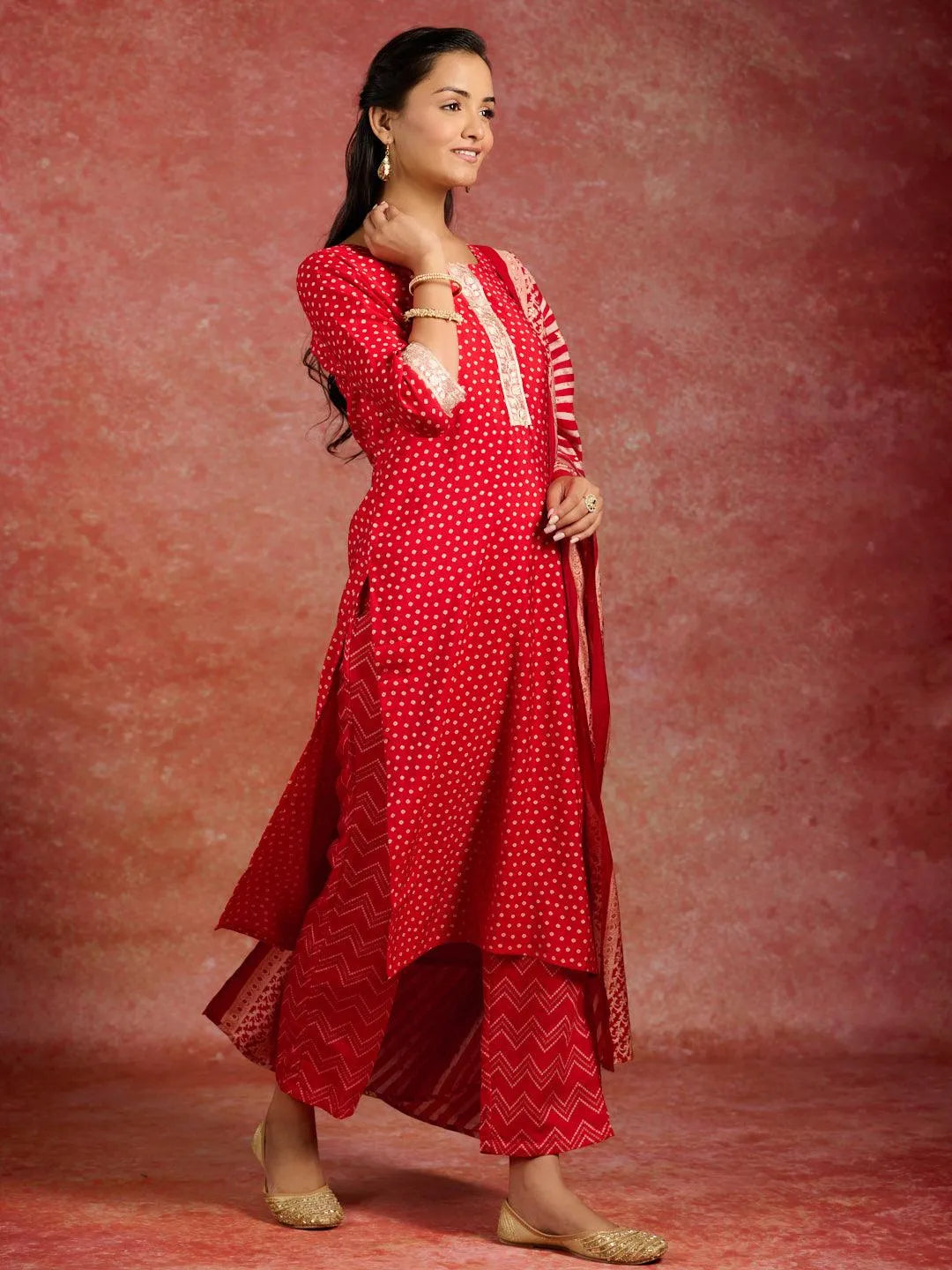 Red Printed Silk Blend Straight Kurta With Trousers & Dupatta - Libas 