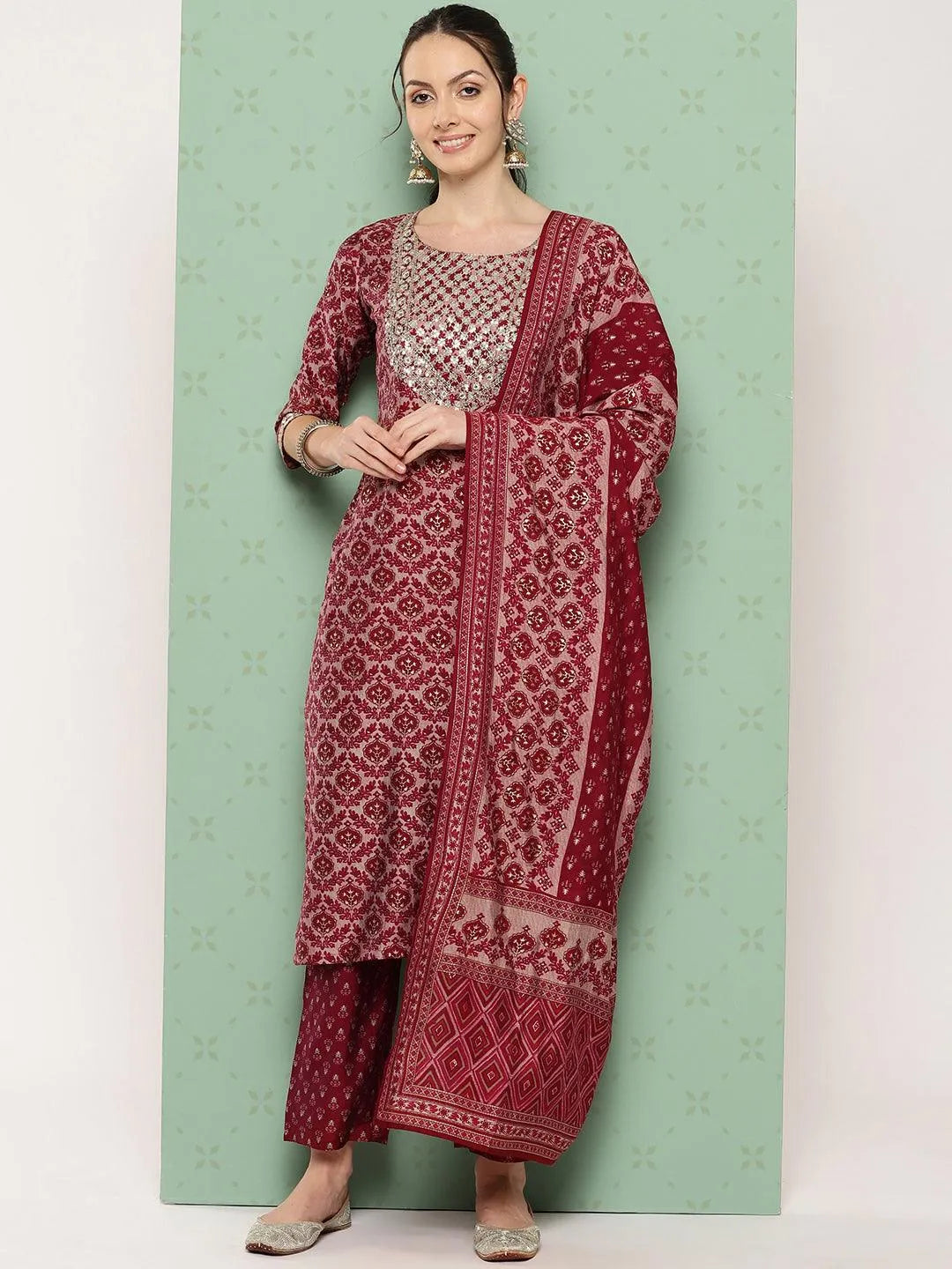 Red Printed Silk Blend Straight Kurta With Trousers & Dupatta - Libas