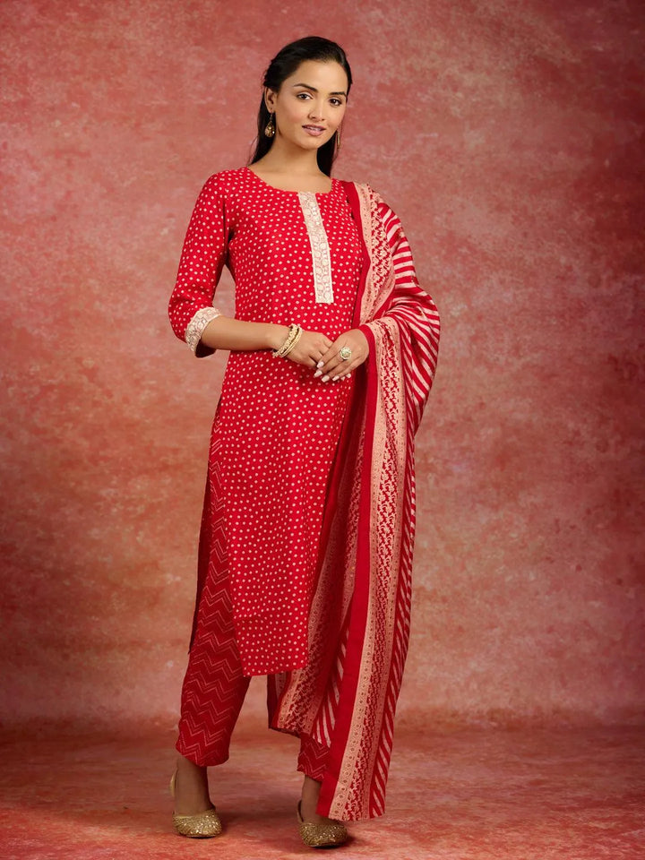 Red Printed Silk Blend Straight Kurta With Trousers & Dupatta - Libas