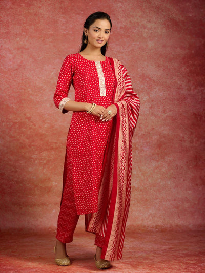 Red Printed Silk Blend Straight Kurta With Trousers & Dupatta - Libas