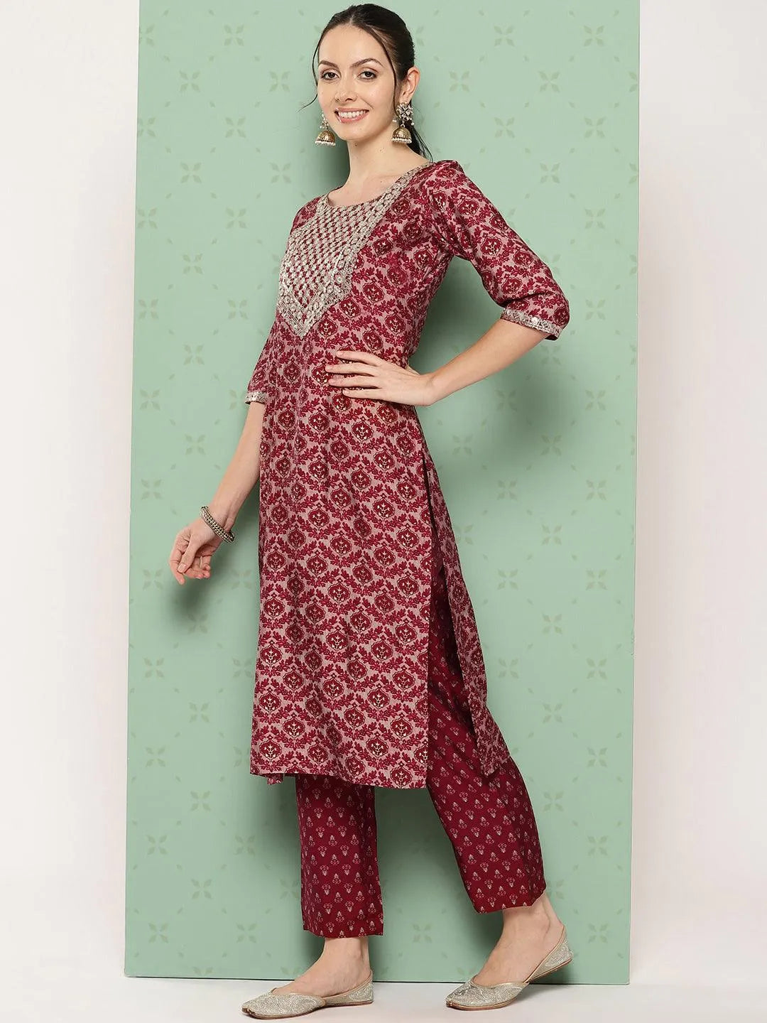 Red Printed Silk Blend Straight Kurta With Trousers & Dupatta - Libas