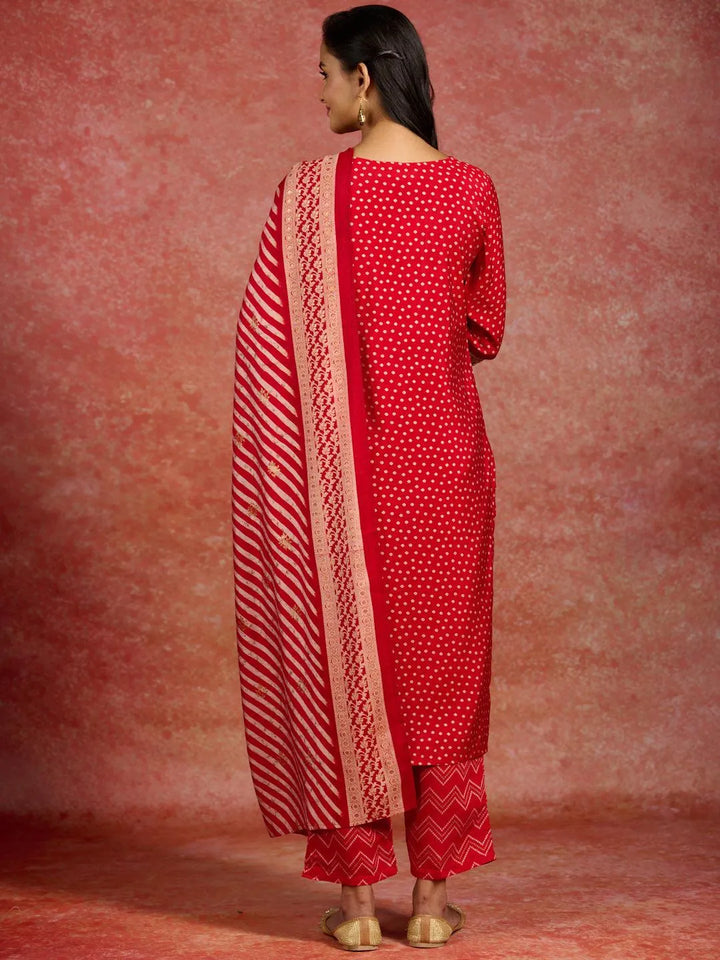 Red Printed Silk Blend Straight Kurta With Trousers & Dupatta - Libas