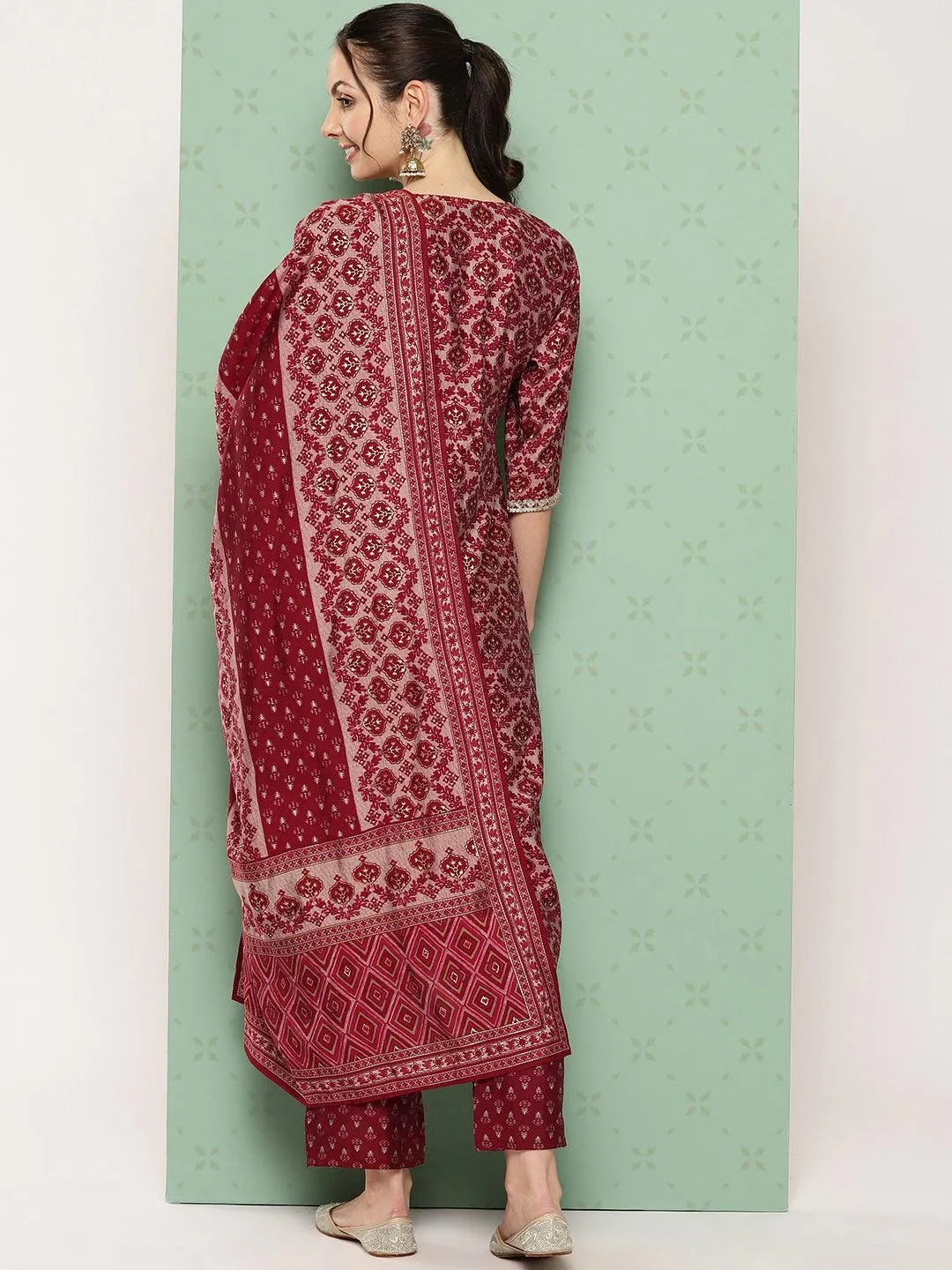 Red Printed Silk Blend Straight Kurta With Trousers & Dupatta - Libas