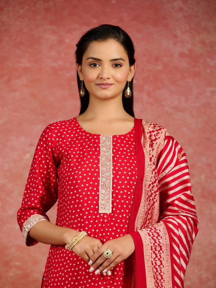 Red Printed Silk Blend Straight Kurta With Trousers & Dupatta - Libas