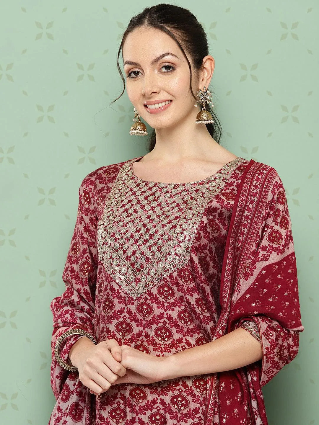 Red Printed Silk Blend Straight Kurta With Trousers & Dupatta - Libas