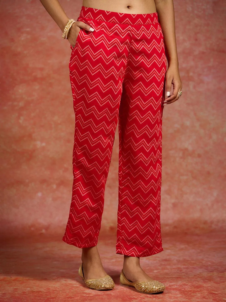 Red Printed Silk Blend Straight Kurta With Trousers & Dupatta - Libas