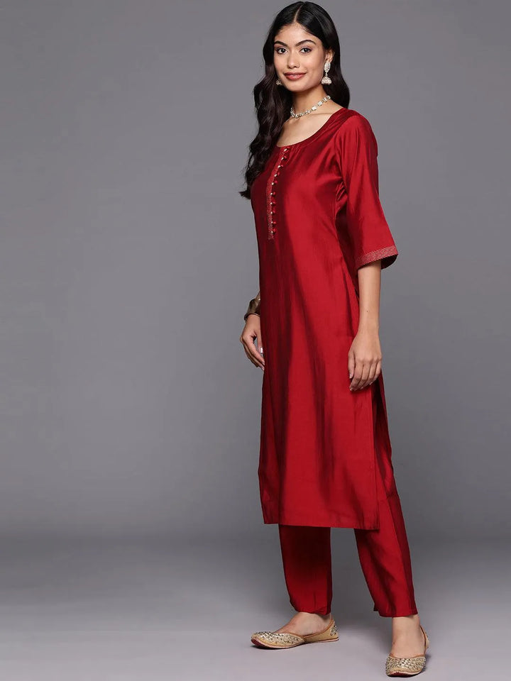 Red Solid Silk Blend Straight Kurta With Trousers & Dupatta - Libas