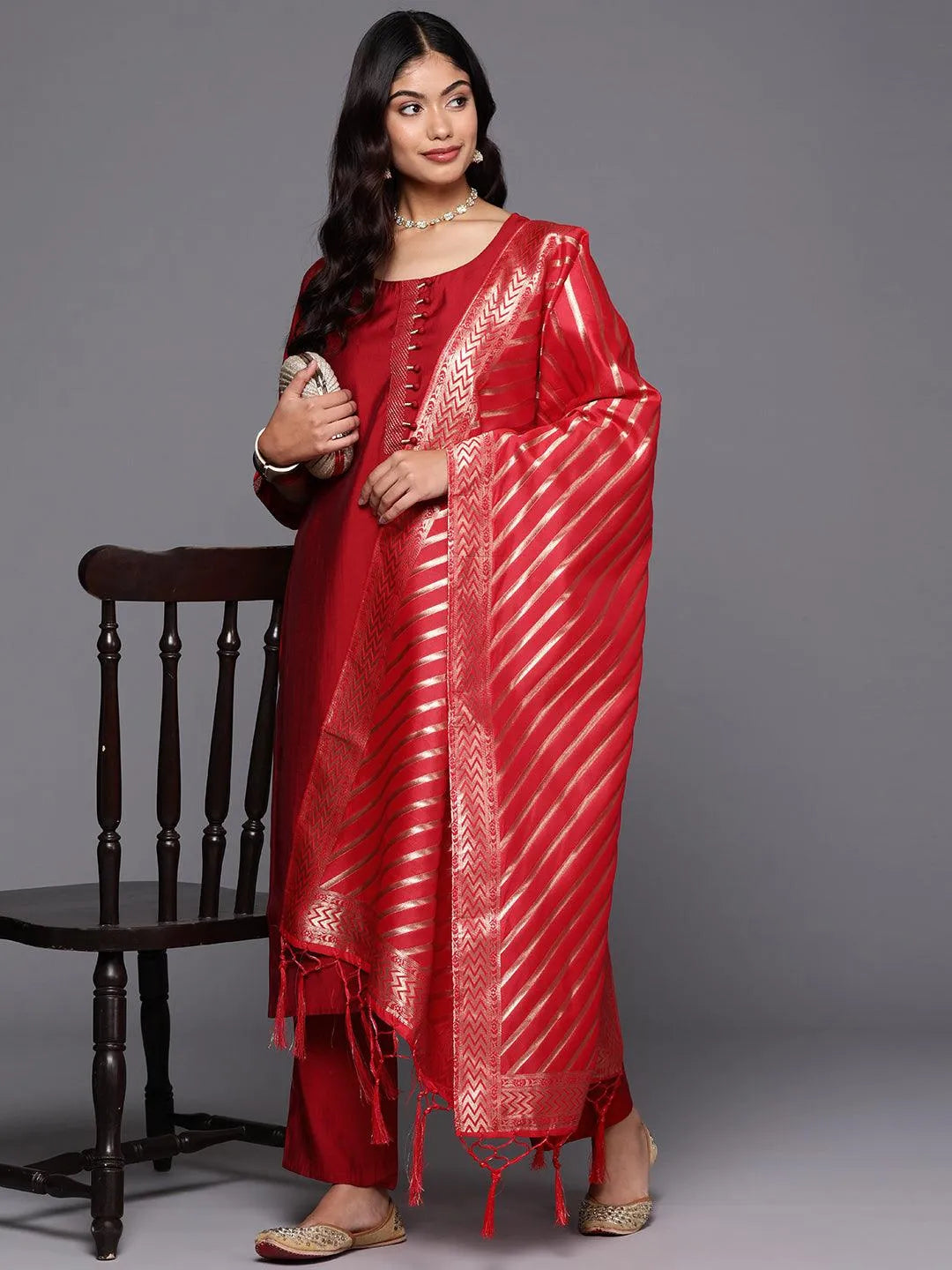Red Solid Silk Blend Straight Kurta With Trousers & Dupatta - Libas 