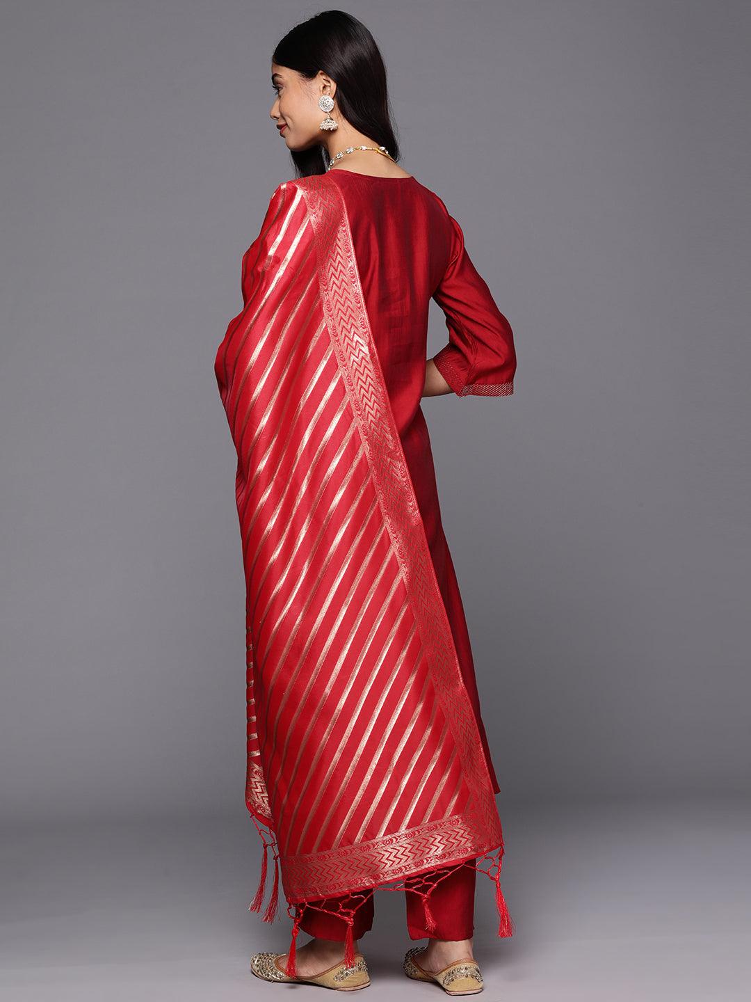 Red Solid Silk Blend Straight Kurta With Trousers & Dupatta - Libas