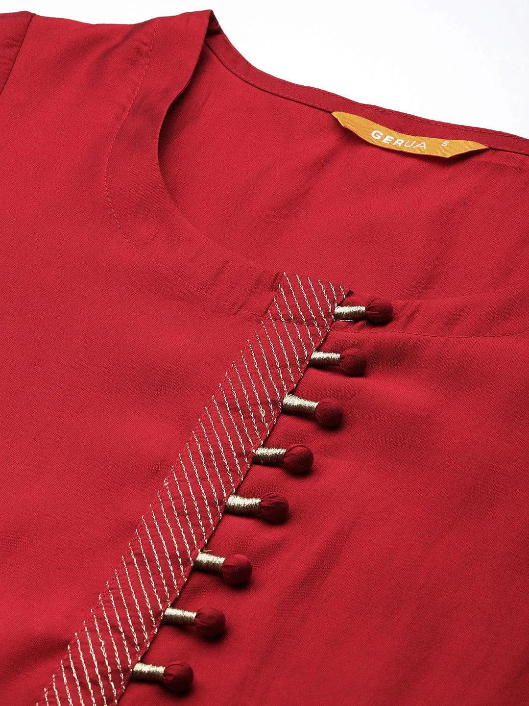 Red Solid Silk Blend Straight Kurta With Trousers & Dupatta - Libas