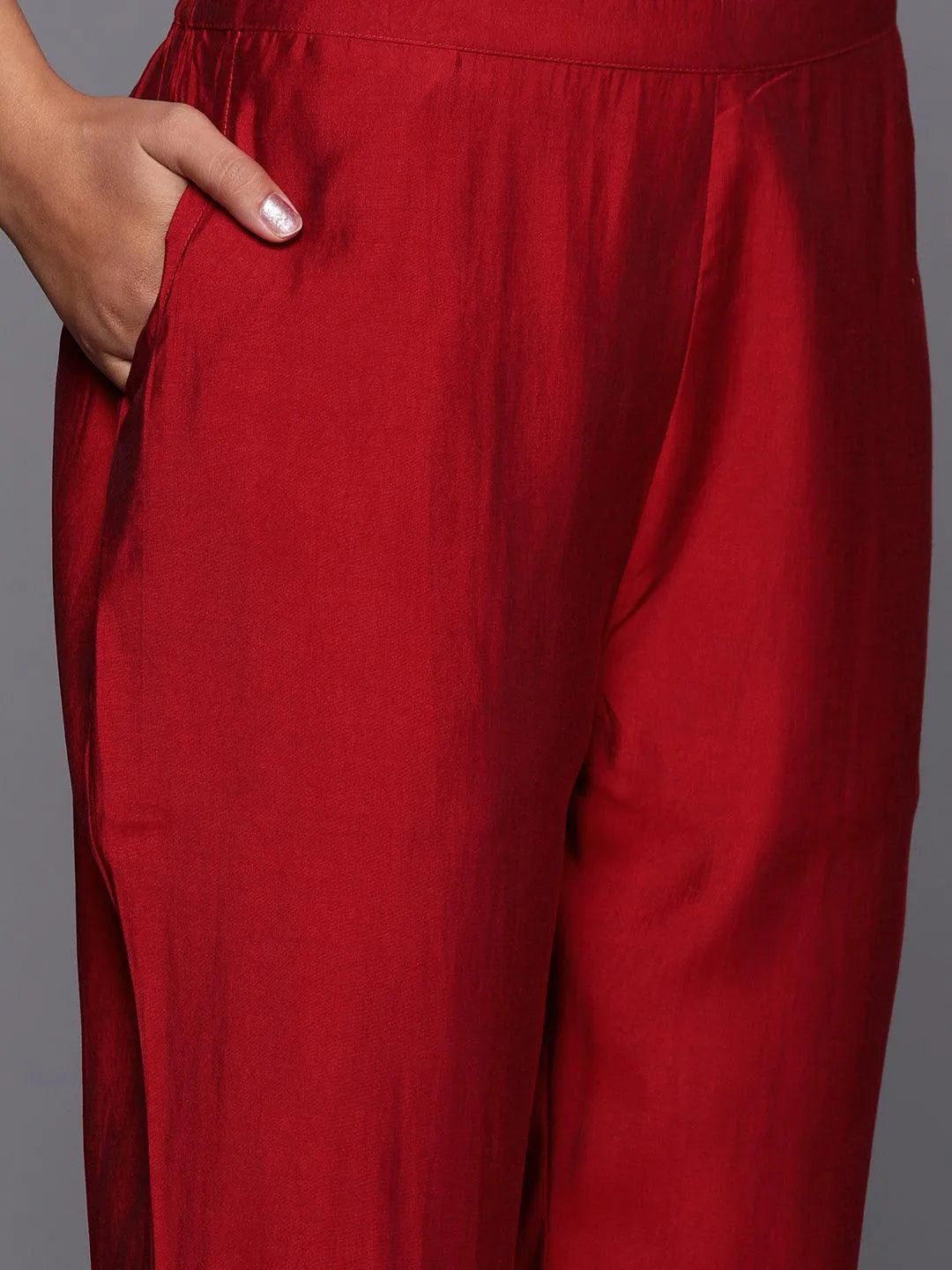 Red Solid Silk Blend Straight Kurta With Trousers & Dupatta - Libas 