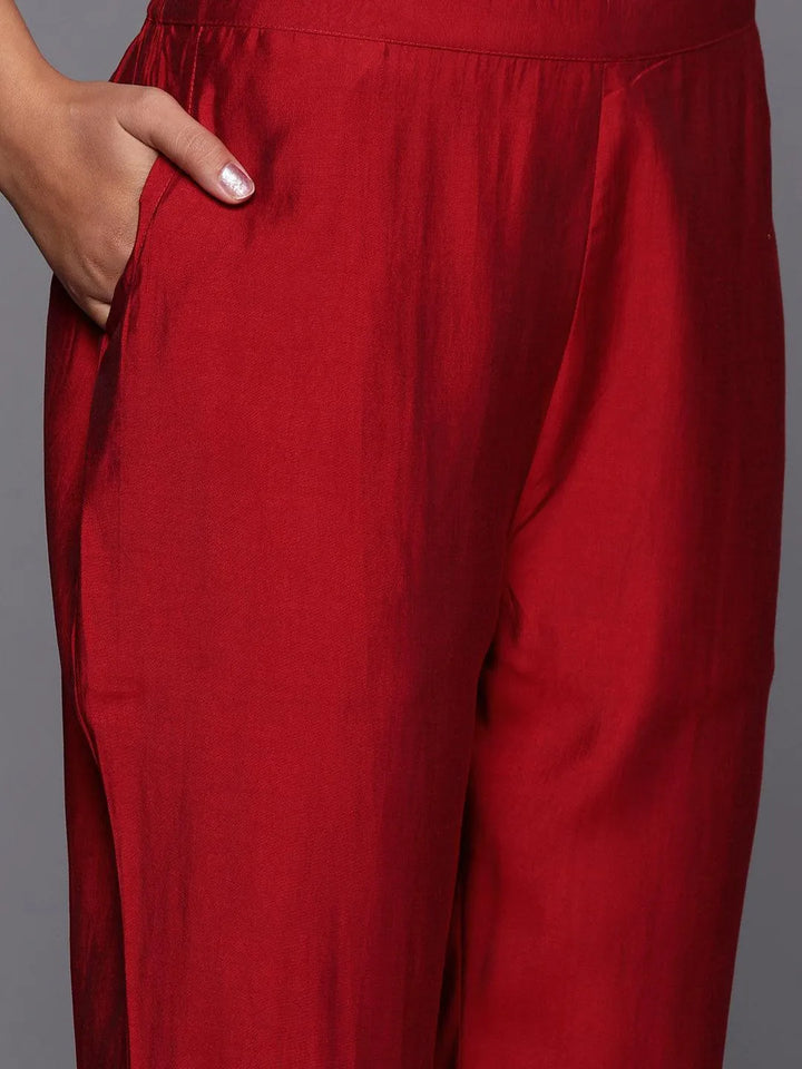 Red Solid Silk Blend Straight Kurta With Trousers & Dupatta - Libas