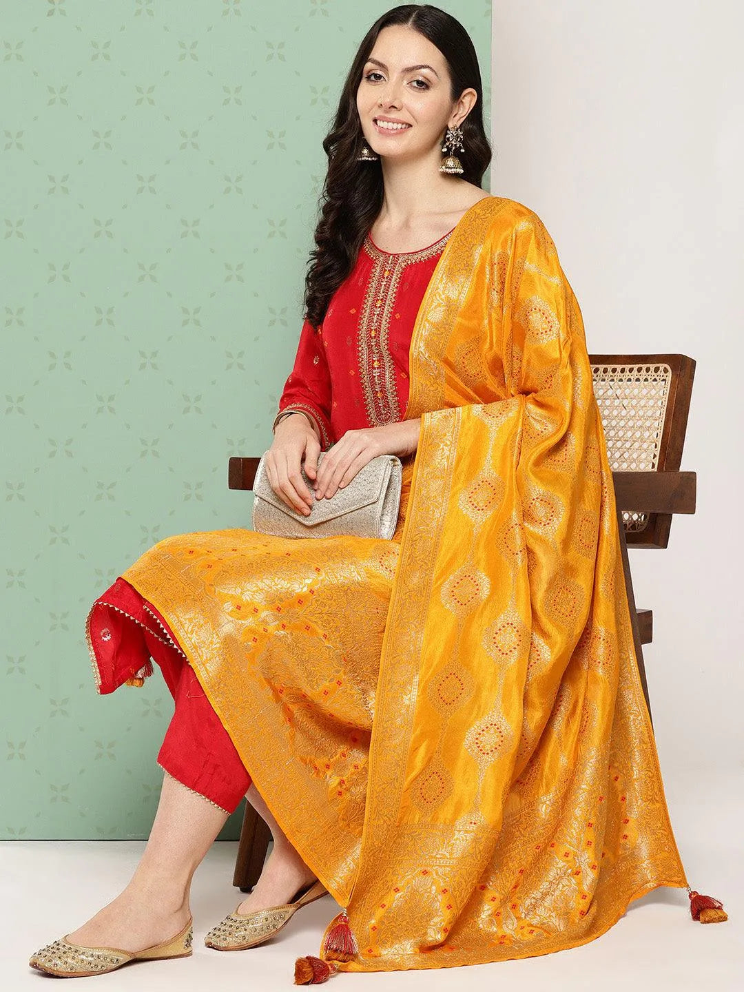 Red Woven Design Silk Straight Kurta With Trousers & Dupatta - Libas